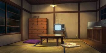 Rule 34 | antennae, artist request, cable, chabudai, chest of drawers, crt, cushion, electrical outlet, faucet, game cg, hanging, highres, indoors, night, no humans, scenery, stove, table, tatami, television, third-party source, touhou, touhou lostword, window, wooden table