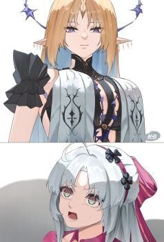 2girls absurdres ahoge artist_logo ayoungart blonde_hair blue_eyes blue_hair bow breasts carlotta_(wuthering_waves) closed_mouth commentary earrings english_commentary fleurdelys_(wuthering_waves) floating_earrings hair_bow hairband highres horns huge_breasts jewelry logo long_hair multiple_girls open_mouth parted_bangs pink_bow pink_hairband pointy_ears sidelocks single_horn striped_bow white_background white_hair wuthering_waves yellow_horns