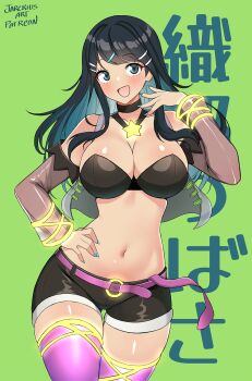 1girl blue_eyes breasts cleavage fire_emblem highres jarckius large_breasts navel nintendo oribe_tsubasa polearm thighs tokyo_mirage_sessions_fe weapon
