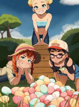 3girls amber_(honeyshot) black_hair blonde_hair blue_eyes blush braces child denim drill_hair drill_ponytail easter_egg egg female_focus food glasses grass green_eyes hands_on_own_face hat honeyshot ice_cream jeans jeans_shorts kneeling looking_at_viewer lying multiple_girls orange_hair original outdoors overalls pants red_eyes sam_(honeyshot) shorts smile straw_hat tiff_(honeyshot) tree