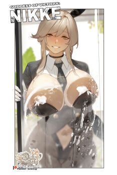 1girl ade_(agent_bunny)_(nikke) ade_(nikke) against_glass between_breasts blush braid braided_bun breast_press breasts breasts_on_glass buttons choker clothing_cutout fishnets gloves goddess_of_victory:_nikke hair_bun highres hu_dako large_breasts long_hair navel_cutout necktie necktie_between_breasts patreon_logo patreon_username rabbit_ears shrug_(clothing) sidelocks smile soap_bubbles undersized_breast_cup white_gloves