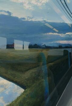 1boy absurdres building cloud cloudy_sky farm field highres looking_outside o_kizo original overhead_line profile reflection reflective_liquid scenery short_hair sky solo train_interior water window