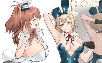 2girls alternate_costume armpits black_gloves black_pantyhose blonde_hair blue_eyes breasts brown_hair cleavage closed_eyes commentary_request gloves highres huge_breasts kantai_collection large_breasts multiple_girls odachu open_mouth pantyhose playboy_bunny ponytail saratoga_(kancolle) short_hair side_ponytail smokestack victorious_(kancolle)