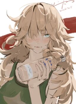 1girl artist_name bare_shoulders blonde_hair blue_eyes bottle closed_mouth dated green_tank_top hair_over_one_eye hand_up highres holding holding_bottle lilya_(reverse:1999) long_hair looking_at_viewer one_eye_covered reverse:1999 signature solo tank_top upper_body white_background yikuo