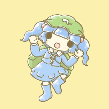 Rule 34 | 1girl, backpack, bag, blue boots, blue hair, blue shirt, blue skirt, boots, chibi, commentary, flat cap, full body, green hat, hair bobbles, hair ornament, hat, highres, kawashiro nitori, key, long sleeves, open mouth, shirt, simple background, skirt, solid circle eyes, solo, touhou, two side up, wafu (wafu39080), yellow background