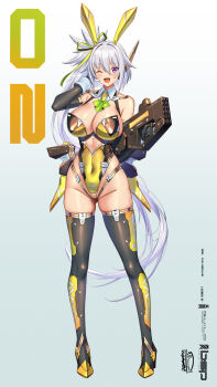 1girl ;d animal_ears ascot black_thighhighs breasts bunny_suit_planning cleavage commentary_request covered_navel fake_animal_ears full_body gradient_background green_ascot grey_background grey_hair gun hair_between_eyes highres holding holding_gun holding_weapon large_breasts leotard long_hair looking_at_viewer one_eye_closed open_mouth ponytail purple_eyes rabbit_ears silva_barrelline smile solo standing takamine_nadare thighhighs very_long_hair weapon yellow_leotard