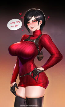 1girl ada_wong badcompzero black_gloves black_hair black_thighhighs breasts dress english_text gloves grin hand_on_own_hip highres large_breasts light_blush long_sleeves red_sweater resident_evil resident_evil_4 resident_evil_4_(remake) short_hair smile solo speech_bubble standing sweater sweater_dress thighhighs