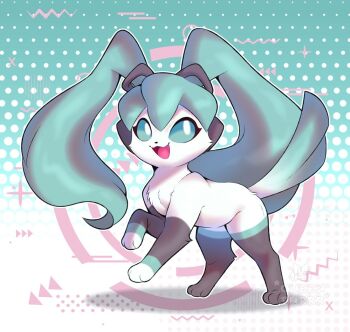 :3 animalization artist_name blue_background blue_hair blue_sclera colored_sclera fakemon full_body gradient_background hair_ornament happy hatsune_miku long_hair looking_to_the_side nintendo open_mouth outline pokemon pokemon_(creature) queen_purrr smile standing twintails very_long_hair vocaloid watermark white_eyes white_outline