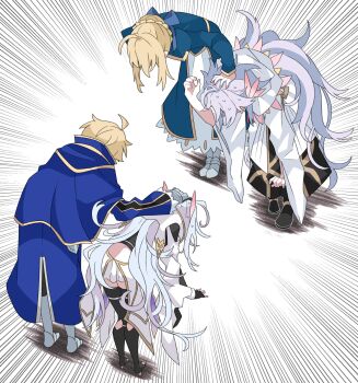 2boys 2girls ahoge apologizing armor arthur_pendragon_(fate) artoria_pendragon_(fate) black_gloves black_pants blonde_hair bowing braid fate/grand_order fate/prototype fate/stay_night fate_(series) fingerless_gloves flower_knot forced forced_bowing french_braid gloves greaves highres hooded_robe kujiramaru merlin_(fate) merlin_(fate/prototype) merlin_(second_ascension)_(fate/prototype) multiple_boys multiple_girls nervous_sweating pants robe saber_(fate) sweat voice_actor_connection white_hair white_hood white_robe wide_sleeves