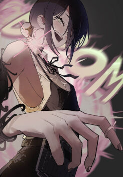 1girl absurdres apron black_apron black_hair black_ribbon breasts chainsaw_man ehddb72 explosion explosion_background grenade_pin grey_eyes grey_nails hair_bun highres neck_ribbon open_mouth reze_(chainsaw_man) ribbon shirt sideboob small_breasts solo teeth white_shirt