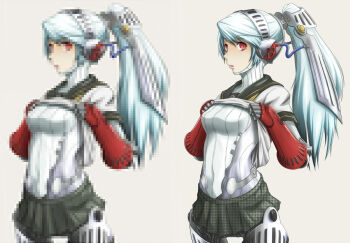Rule 34 | 1girl, android, ao usagi, atlus, blue hair, breasts, censored, clothes lift, female focus, grey background, headgear, high ponytail, houndstooth, joints, labrys (persona), long hair, megami tensei, miniskirt, mosaic censoring, no nipples, persona, persona 4, persona 4: the ultimate in mayonaka arena, pixelated, pleated skirt, ponytail, red eyes, ringed eyes, robot joints, school uniform, serafuku, shin megami tensei, shirt lift, simple background, skirt, solo, thumbnail surprise
