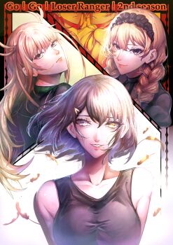 3girls absurdres ahoge bare_shoulders black_dress black_eyes black_headdress black_shorts blonde_hair braid braided_twintails breasts closed_mouth collarbone dress green_eyes green_shirt hair_ornament hairpin heterochromia highres hisui_kanon large_breasts looking_at_viewer looking_back multiple_girls noakontora open_mouth sentai_daishikkaku serious shirt shorts sleeveless sleeveless_shirt smile suzukiri_yumeko usukubo_angel white_eyes yellow_eyes