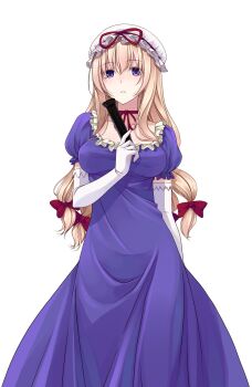 1girl blonde_hair bow breasts choker collarbone commentary_request cowboy_shot crote dress elbow_gloves folding_fan frilled_dress frilled_sleeves frills gloves hair_bow hand_fan hand_up hat hat_ribbon highres large_variant_set long_dress long_hair looking_at_viewer medium_breasts mob_cap multiple_hair_bows parted_lips puffy_short_sleeves puffy_sleeves purple_dress purple_eyes raised_eyebrows red_bow red_ribbon ribbon ribbon_choker short_sleeves smile solo tachi-e touhou transparent_background variant_set white_gloves white_hat wide-eyed yakumo_yukari