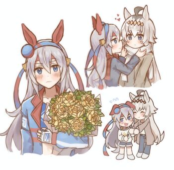 2girls ahoge animal_ears blue_coat blue_eyes blue_hairband blue_jacket blue_shorts blue_sports_bra blush bouquet brown_coat brown_jacket closed_eyes closed_mouth coat collarbone commentary ear_covers english_commentary fang fingerless_gloves flower gloves grey_hair grey_tail hair_between_eyes hair_ornament hairband headband heart highres holding holding_bouquet horse_ears horse_girl horse_tail jacket lightning_bolt_print lightning_bolt_symbol long_hair long_sleeves midriff multicolored_hairband multiple_girls oguri_cap_(casual)_(umamusume) oguri_cap_(umamusume) open_mouth pants red_headband red_scarf scarf scarf_tying shirt shorts smile sports_bra striped_clothes striped_hairband taa_in1 tail tamamo_cross_(casual)_(umamusume) tamamo_cross_(umamusume) tamamo_cross_(with_lightning_speed)_(umamusume) two-tone_hairband umamusume very_long_hair white_scarf white_shirt yuri