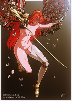 1girl amputee border breasts bug butterfly closed_eyes colored_eyelashes commentary elden_ring english_commentary flou_(flou_art) golden_sword highres holding holding_sword holding_weapon insect long_hair malenia_blade_of_miquella mechanical_arms nipples nude prosthesis prosthetic_arm prosthetic_leg red_hair signature single_mechanical_arm solo sword triple_amputee watermark weapon web_address white_border