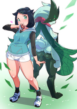2girls absurdres animal_ears ass black_socks blue_eyes blue_hair blue_hoodie body_fur breasts cat_ears cat_girl cat_tail closed_mouth furry furry_female hair_ornament hairpin highres holding holding_poke_ball hood hoodie liko_(pokemon) looking_at_viewer masamu_(leonore69) medium_breasts meowscarada multiple_girls nintendo poke_ball poke_ball_(basic) pokemon pokemon_(anime) pokemon_(creature) pokemon_horizons shorts smile socks tail white_fur white_shorts
