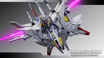 3d absurdres beam_rifle energy_sword commentary_request earth_federation energy_gun flying gradient_background gundam gundam_hathaway's_flash highres inviter_oro machinery mecha mecha_focus mobile_suit no_humans penelope_(hathaway's_flash) robot roundel science_fiction shield v-fin weapon