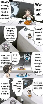 1girl 4koma aged_down alternate_language aperture_science_handheld_portal_device aperture_science_weighted_companion_cube chell comic crying english_text hard-translated portal portal_(series) portal_1 portal_2 third-party_edit translated uotapo wheatley
