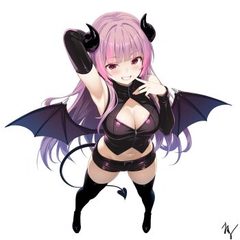 1girl :d absurdres arm_behind_head armpits bare_shoulders belt black_belt black_horns black_shirt black_shoes black_shorts black_thighhighs black_wings blunt_bangs blush breasts cleavage cleavage_cutout clothing_cutout commentary_request commission curved_horns demon_girl demon_horns demon_tail demon_wings detached_sleeves finger_to_mouth foreshortening from_above full_body grin hair_intakes hand_up highres horns index_finger_raised indie_virtual_youtuber large_breasts long_hair long_sleeves looking_at_viewer midriff multicolored_hair navel open_mouth pink_hair pink_streaks purple_eyes purple_hair saiki_noi shirt shoes short_shorts shorts sidelocks signature simple_background skeb_commission sleeveless sleeveless_shirt smile solo standing straight_hair streaked_hair tail takuma_(takumo7121) thighhighs thighs very_long_hair virtual_youtuber white_background wings zipper