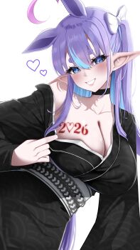 1girl 2026 absurdres animal_ears black_kimono blue_eyes blue_hair blush breasts cleavage clothes_pull commentary dress_pull english_commentary extra_ears grin hair_ribbon highres horse_ears horse_girl japanese_clothes kimono large_breasts long_hair looking_at_viewer multicolored_hair nipple_slip nipples original papaya_b0i pointy_ears pulling_own_clothes purple_hair ribbon single_bare_shoulder smile thick_eyebrows very_long_hair