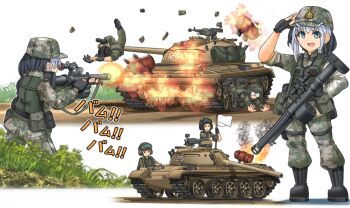 >_< 1girl 2others action armor automatic_grenade_launcher belt bipod black_footwear black_gloves black_hair black_headwear body_armor boots bulletproof_vest camouflage camouflage_headwear camouflage_pants chart combat_boots commentary drum_magazine emblem field_cap fingerless_gloves fire firing flag flag_on_vehicle gloves goggles goggles_on_headwear grenade_launcher grey_headwear grey_jacket grey_pants hat helmet high-capacity_magazine high-explosive_anti-tank_(warhead) holding holding_weapon jacket long_gun long_hair long_sleeves looking_at_viewer magazine_(weapon) mikeran_(mikelan) military military_combat_uniform military_uniform military_vehicle motion_blur motor_vehicle multicolored_hair multiple_others norinco_(firearms_manufacturer) open_mouth original pants ponytail pouch qlz-87 salute scope shaped_charge sight_(weapon) sleeves_rolled_up smile standing tactical_clothes tactical_vest tank tank_helmet telescopic_sight two-tone_hair utility_belt v-shaped_eyebrows vehicle_focus vest war weapon weapon_focus weird_guns_of_the_world white_background white_flag wide-eyed x_x xiafeng_machinery