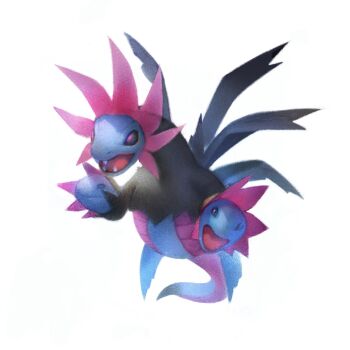 Rule 34 | animal focus, commentary, floating, full body, gen 5 pokemon, highres, hydreigon, looking at viewer, nintendo, no humans, open mouth, pokemon, pokemon (creature), shiratsuyu mone, simple background, solo, untranslatable commentary, white background