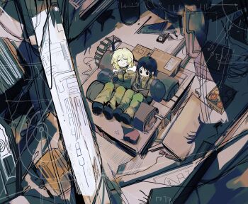 2girls :t absurdres black_hair blonde_hair book box cardboard_box chito_(shoujo_shuumatsu_ryokou) closed_eyes commentary_request eating gloves green_jacket gun helmet highres holding holding_book jacket lanxing_pa machine multiple_girls rifle ruins shoujo_shuumatsu_ryokou sitting unworn_headwear unworn_helmet weapon writing yuuri_(shoujo_shuumatsu_ryokou)