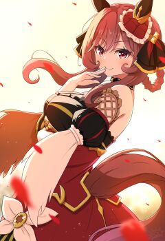 1girl animal_ears bare_shoulders black_ribbon black_shirt blush braid braided_hair_rings breasts brown_hair closed_mouth detached_sleeves ear_covers from_side gamyuu_(gamyu) gentildonna_(regina_dei_fiori)_(umamusume) gentildonna_(umamusume) gloves hair_ribbon hair_rings highres horse_ears horse_girl horse_tail large_breasts long_hair looking_at_viewer purple_eyes ribbon see-through_cleavage see-through_clothes shirt sidelocks smile solo tail umamusume white_gloves