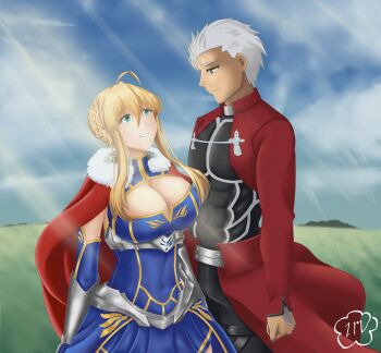 1boy 1girl absurdres archer_(fate) artoria_pendragon_(fate) artoria_pendragon_(lancer)_(fate) braid braided_bun breasts clothing_cutout coat commentary english_commentary fate/grand_order fate_(series) feather_boa hair_bun heattech_leotard highres large_breasts leotard murasaki_inori nape_braid navel_cutout red_coat sleeveless sleeveless_turtleneck tall_male turtleneck white_hair white_leotard