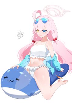 1girl absurdres ahoge bare_shoulders bikini blue_archive blue_eyes blue_jacket breasts chibi chibi_inset clothes_down eyewear_on_head frilled_bikini frills hair_bobbles hair_ornament halo heterochromia highres hoshino_(blue_archive) hoshino_(swimsuit)_(blue_archive) inflatable_toy jacket long_hair low_twintails navel open_clothes open_jacket open_mouth pink_hair plentyofempty simple_background small_breasts smile solo sunglasses sweat swimsuit twintails white_background white_bikini yellow_eyes