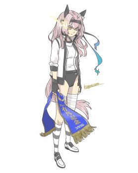 Rule 34 | 1girl, animal ears, bandaid, bow, buruma, ear bow, ear covers, gloves, glowing, glowing eyes, gym shirt, gym uniform, hairband, haru urara (umamusume), hashtag-only commentary, headband, highres, holding, horse ears, horse girl, horse tail, jacket, kopperion, long hair, looking at viewer, pink hair, ponytail, shirt, simple background, socks, solo, tail, track jacket, umamusume, yellow eyes