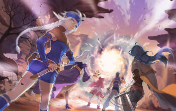 2boys 3girls anais_del_caril ankle_boots arm_wrap baggy_pants bare_shoulders bare_tree belt belt_pouch black_bustier black_pants black_shoes black_socks blue_boots blue_dress blue_hair blue_headband blue_shirt blue_sleeves boots boris_jinneman bow breasts brown_belt brown_capelet brown_pantyhose brown_shirt bustier capelet coat collared_capelet collared_shirt combat_knife commentary_request crossed_belts detached_sleeves don&#039;t_call_them_bitches_bro!_(meme) dress dutch_angle expressionless floating_hair from_behind grey_eyes grey_hair headband high_heels highres holding holding_knife holding_sheath holding_sword holding_weapon huge_weapon isaac_ducastel juliet_sleeves knee_boots kneehighs knife korean_commentary left-handed legs_apart long_hair long_skirt long_sleeves looking_back medium_breasts meme multiple_belts multiple_boys multiple_girls muscular muscular_male narrow_waist nayatrei nexon official_art open_hand outdoors outline pants pantyhose pink_boots pink_dress pink_ribbon portal_(object) pouch puffy_sleeves pumps purple_skirt purple_sleeves red_bow ribbon ribbon-trimmed_socks ribbon_trim roamini sang_ah_yoon sheath shirt shoes skirt sleeveless sleeveless_dress sleeveless_shirt socks standing straight_hair sword tales_weaver tree turtleneck_capelet twisted_torso unsheathing very_long_hair walking wavy_hair weapon white_coat white_hair white_outline white_pants white_sleeves white_socks wide_sleeves wristband