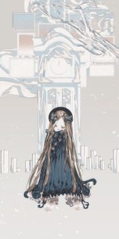 1girl abigail_williams_(fate) abigail_williams_(first_ascension)_(fate) black_dress blonde_hair blue_eyes bow candle clock debg0423 dress fate/grand_order fate_(series) full_body grandfather_clock hair_bow hat highres kneeling long_hair long_sleeves looking_at_viewer parted_bangs sleeves_past_fingers sleeves_past_wrists solo very_long_hair