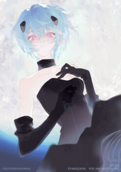 Rule 34 | 1girl, ayanami rei, black collar, black dress, black gloves, blue hair, collar, collarbone, commentary, cowboy shot, dadonikaaaaaaaaaaa, dated, detached collar, dress, elbow gloves, english commentary, evangelion: 1.0 you are (not) alone, full moon, gloves, hair between eyes, hand up, highres, interface headset (evangelion), looking at viewer, medium hair, moon, neon genesis evangelion, night, rebuild of evangelion, red eyes, sleeveless, sleeveless dress