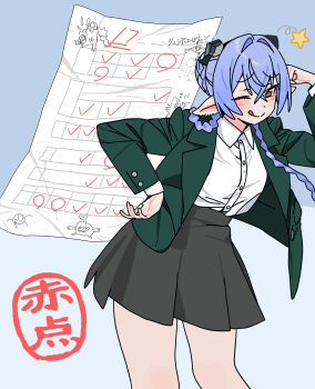 1girl absurdres academic_test alternate_costume andii_(anzai_teachco) animal_ears black_horns black_skirt blue_background blue_hair blush braid breasts closed_mouth commentary_request cowboy_shot crossed_bangs goat_ears goat_girl goat_horns green_jacket hair_between_eyes hair_intakes hand_on_own_hip highres horizontal_pupils horns jacket leaning_to_the_side long_hair lucia_elowen medium_breasts one_eye_closed paper pointy_ears school_uniform shirt shirt_tucked_in skirt smile solo star_(symbol) test_score tongue tongue_out twin_braids white_shirt yellow_eyes zenless_zone_zero