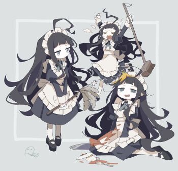 >_< 1girl @_@ absurdres ahoge aida_(aidia) apron banana_peel black_dress black_hair black_shoes blue_eyes blunt_bangs broom closed_eyes closed_mouth commentary_request cup dress duster expressive_hair full_body green_ribbon grey_background highres holding holding_broom holding_duster juliet_sleeves long_hair long_sleeves maid maid_headdress multiple_views neck_ribbon open_mouth original outline pantyhose puffy_sleeves ribbon saucer shoes signature sitting spill spoon teacup tears white_apron white_outline white_pantyhose