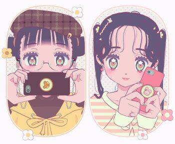 2girls animated animated_gif beret black_hair blinking cellphone commentary earrings glasses green_eyes hair_ornament hairclip hat holding holding_phone jewelry looping_animation multiple_girls original phone plaid_hat rabbit_hair_ornament sleeves_past_wrists smartphone striped_clothes taking_picture twintails vivinos