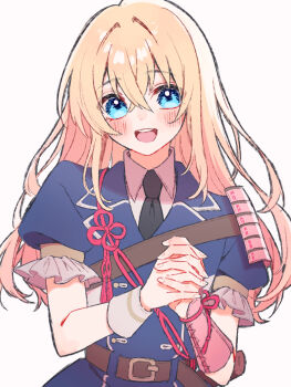 1boy :d armor belt belt_buckle black_necktie blonde_hair blue_dress blue_eyes brown_belt buckle collared_shirt crossed_bangs dress enon_kt flower_knot frilled_sleeves frills hair_between_eyes highres japanese_armor kote lapels long_hair looking_at_viewer male_focus midare_toushirou necktie notched_lapels open_mouth own_hands_clasped own_hands_together puffy_short_sleeves puffy_sleeves shirt short_sleeves shoulder_armor simple_background single_sode single_wrist_cuff smile sode solo standing teeth touken_ranbu trap upper_body upper_teeth_only white_background white_shirt wing_collar wrist_cuffs