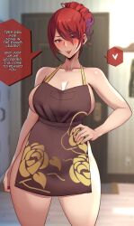 Rule 34 | 1girl, apron, blush, breasts, brown apron, cleavage, collarbone, commentary, cowboy shot, english commentary, english text, hair over one eye, hand on own hip, heart, highres, indoors, kirijou mitsuru, lainart, large breasts, long hair, looking at viewer, naked apron, persona, persona 3, red eyes, red hair, red lips, red nails, smile, solo, speech bubble, spoken heart, standing