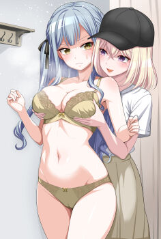 2girls absurdres bang_dream! bang_dream!_it&#039;s_mygo!!!!! bare_arms bare_shoulders baseball_cap black_hat black_ribbon blonde_hair blunt_bangs blush bow bow_bra bow_panties bra breasts brown_skirt cameltoe cleavage closed_mouth collarbone commentary_request cowboy_shot crossed_bangs curtains doriane_dojin fitting_room floral_print grabbing_another&#039;s_breast grabbing_from_behind grey_hair groin groping hair_between_eyes hair_ribbon hands_up hat heads_together heavy_breathing high-waist_skirt highres large_breasts light_particles long_hair looking_at_another looking_to_the_side medium_hair misumi_uika multiple_girls navel open_mouth panties print_bra print_panties purple_eyes raised_eyebrow ribbon shirt_tucked_in short_sleeves sidelocks sideways_glance skirt smile standing stomach sweatdrop togawa_sakiko two_side_up underwear underwear_only w_arms yellow_bow yellow_bra yellow_eyes yellow_panties yuri