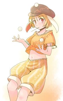 1girl animal_ears blonde_hair brown_hat commentary_request dango feet_out_of_frame floppy_ears food hat juggling knees midriff mouth_hold navel one-hour_drawing_challenge orange_shirt rabbit_ears rabbit_girl rangycrow red_eyes ringo_(touhou) shirt short_hair short_sleeves shorts sideways_glance solo stalk_in_mouth striped_clothes striped_shorts touhou wagashi yellow_background yellow_shorts