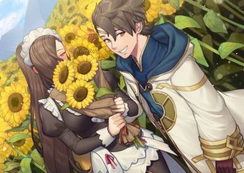 1boy 1girl blush commission couple embarrassed fire_emblem fire_emblem_fates fire_emblem_heroes flower gloves half-closed_eyes halloween_costume hetero hood hood_down hooded_robe kagero_(fire_emblem) kagero_(halloween)_(fire_emblem) kiran_(fire_emblem) leather leather_gloves male_kiran_(fire_emblem) nintendo nohrian_maid_uniform official_alternate_costume robe shg_(hiomaika) sunflower