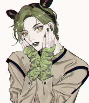 Rule 34 | 1girl, braid, braided ponytail, chromatic aberration, commentary, double bun, green eyes, green lips, hair bun, highres, jojo no kimyou na bouken, kuujou jolyne, long hair, masakenme, multicolored hair, solo, stone ocean, two-tone hair