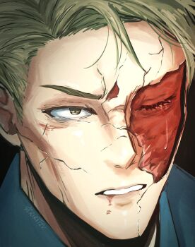 Rule 34 | 1boy, artist name, black background, blonde hair, blood, blood from mouth, blue shirt, broken mask, cracked kawaii mask, cracked mask, crying, eyelashes, highres, jujutsu kaisen, male focus, mask, nanami kento, portrait, ri (riritzu), shirt, short hair, simple background, solo, tears, teeth, yellow eyes