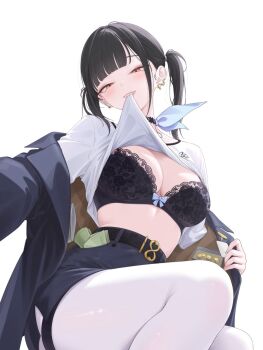 1girl black_bra black_choker black_hair blue_jacket blue_skirt bra breasts choker cleavage clothes_in_mouth clothes_lift commentary_request earrings goddess_of_victory:_nikke highres jacket jewelry korean_commentary lifting_own_clothes looking_at_viewer midriff money myomomoo pantyhose red_eyes shirt shirt_lift simple_background skirt solo sora_(nikke) twintails underwear white_background white_pantyhose white_shirt