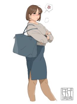 Rule 34 | 1girl, anger vein, bag, blue skirt, blush, brown hair, closed mouth, commentary request, crossed arms, earrings, from side, grey sweater, highres, jewelry, jojoba, long sleeves, looking at viewer, looking to the side, plump, short hair, shoulder bag, simple background, skirt, solo, speech bubble, spoken anger vein, standing, sweater, white background