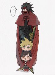 Rule 34 | + +, ..., 1girl, 2boys, armored boots, belt, belt buckle, black hair, black jacket, black pants, black skirt, black thighhighs, blonde hair, blue eyes, blush, boots, brown hair, buckle, cape, cape tug, chibi, cloak, cloud strife, commentary request, covered mouth, earrings, final fantasy, final fantasy vii, final fantasy vii rebirth, final fantasy vii remake, fingerless gloves, full body, gauntlets, gloves, grey background, hands on another&#039;s head, headband, height difference, highres, jacket, jewelry, long hair, looking at another, looking at viewer, multiple belts, multiple boys, open mouth, pants, parted lips, red cape, red cloak, red eyes, red footwear, red headband, rena s1226, short hair, simple background, single earring, single gauntlet, skirt, smile, sparkling eyes, spiked hair, spoken ellipsis, standing, stud earrings, swept bangs, thighhighs, tifa lockhart, vincent valentine, zettai ryouiki