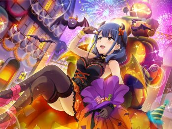 Rule 34 | 1girl, bat (animal), bat wings, black dress, blue hair, blush, bow, brown eyes, building, candy, crossed legs, demon horns, dress, fake horns, fake tail, fake wings, fireworks, food, game cg, gloves, grey gloves, grey thighhighs, halloween, halloween bucket, halloween costume, hanayagi kaoruko, horn bow, horn ornament, horns, medium hair, official art, open mouth, orange bow, orange skirt, pink shoes, sack, shoes, shoujo kageki revue starlight, shoujo kageki revue starlight -re live-, sitting, skirt, solo, tail, tail around own leg, thighhighs, wings