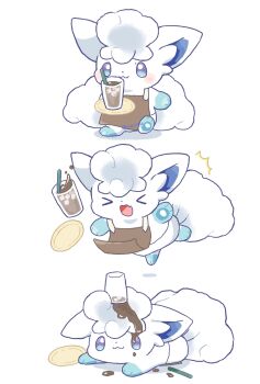Rule 34 | > <, alolan form, alolan vulpix, animal focus, apron, blue eyes, blush, brown apron, closed eyes, closed mouth, coffee, commentary request, cup, drinking straw, fallen down, fang, fox, gen 7 pokemon, highres, holding, holding plate, kana (maple926), nintendo, no humans, open mouth, plate, pokemon, pokemon (creature), pokemon focus, skin fang, smile, spilling, tripping, white fur
