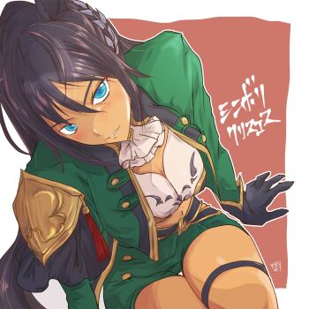 1girl animal_ears ascot bandeau black_gloves black_hair blue_eyes blush breasts commentary_request dark-skinned_female dark_skin from_above gloves green_jacket green_shorts hair_between_eyes highres horse_ears horse_girl horse_tail jacket jewelry large_breasts long_hair long_sleeves looking_at_viewer midriff navel panch4989new parted_lips ponytail shorts smile solo symboli_kris_s_(onyx_soldier)_(umamusume) symboli_kris_s_(umamusume) tail thigh_strap umamusume white_ascot white_bandeau